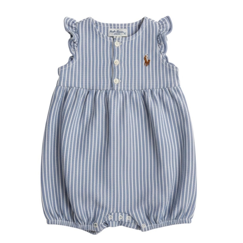 Ralph Lauren Bubble Romper Baby Girl 6M Blue Excellent Striped Ruffle